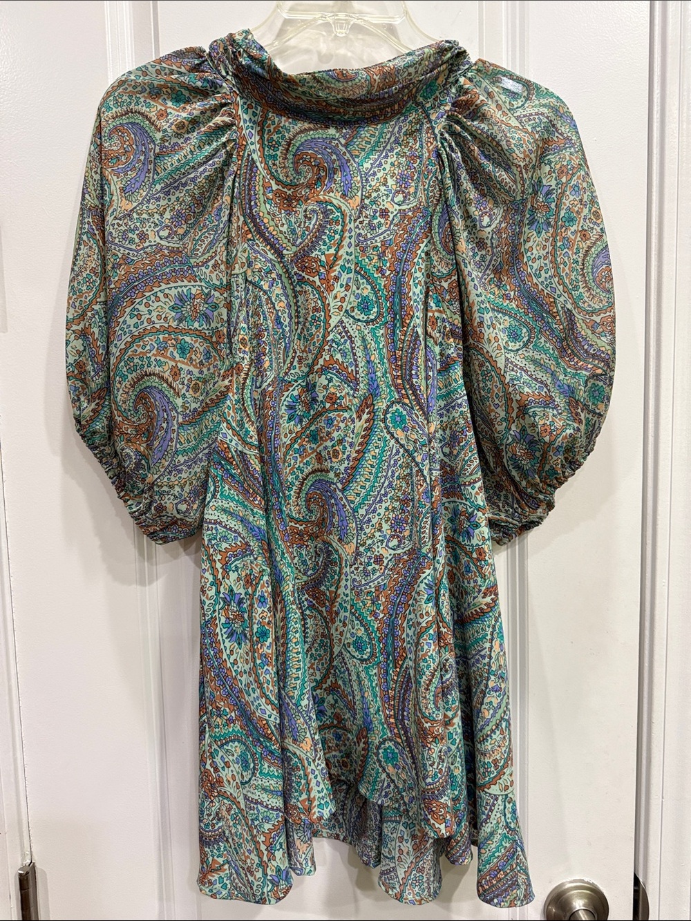 entro Paisley Puff-Sleeve Blouse in Teal, Purple, Brown